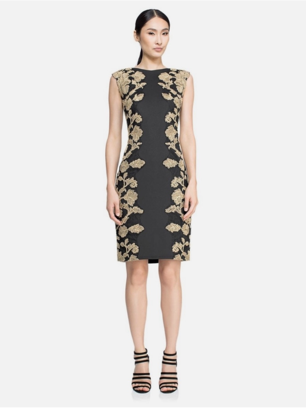 Tadashi Shoji Kami Gold Embroidered Lace Panel Black and Gold Dress, Size 12